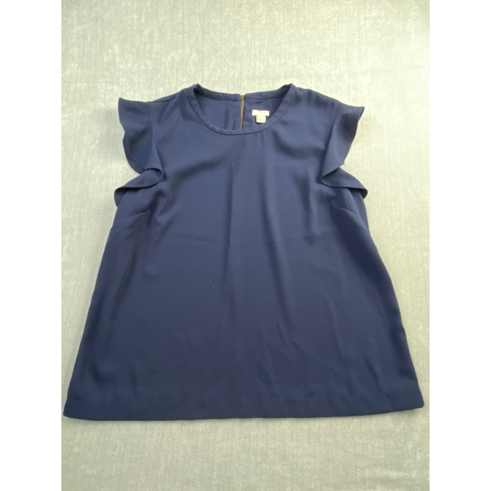 J. Crew Navy Blue Flutter Sleeve Blouse Top Size 18 C1847 Ruffle Back Zip Mens